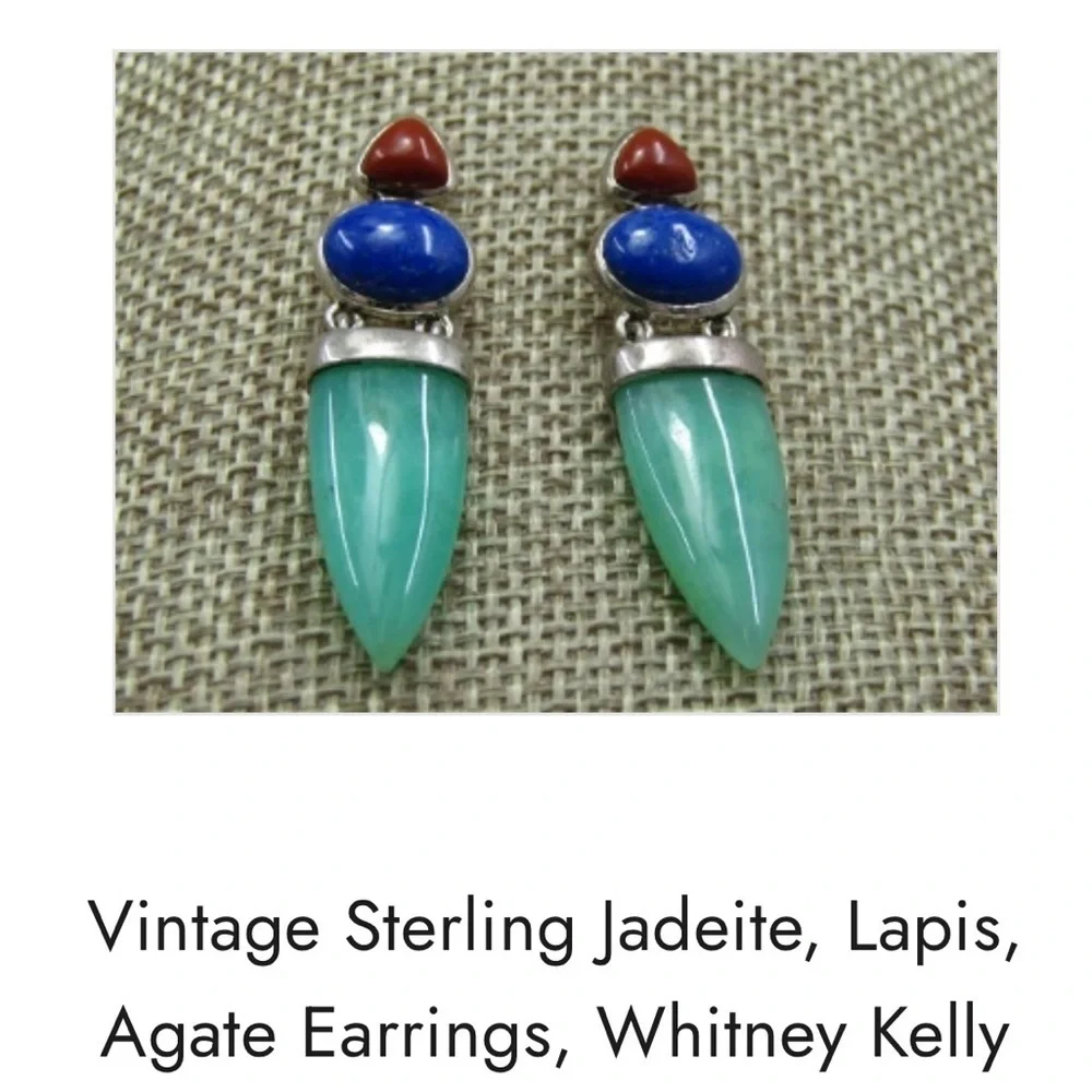 WHITNEY KELLY Jadeite lapis agate pierced earrings .925 sterling silver vintage